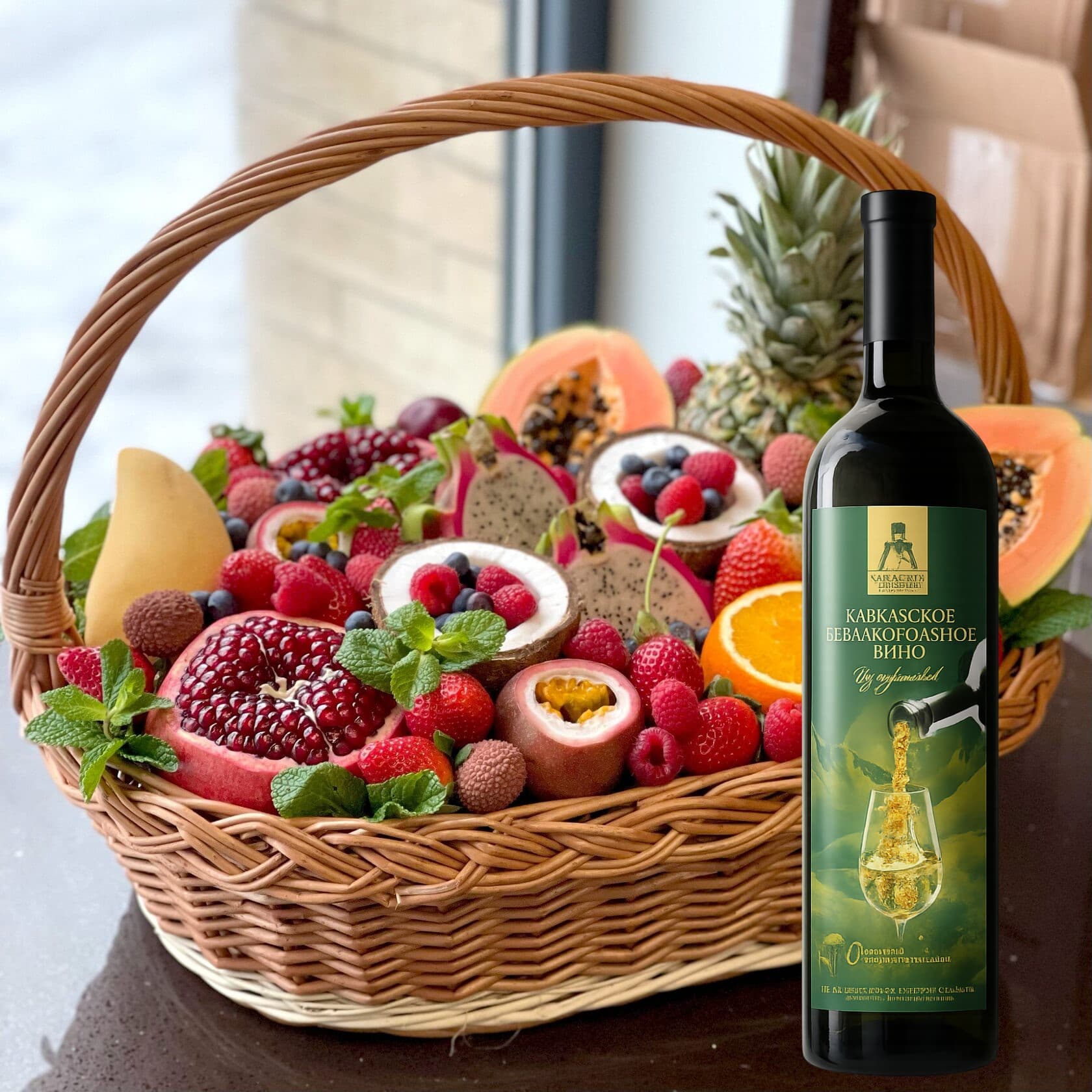 Фруктовая корзина "Шато де Фруи" с безалкогольным вином из одуванчиков 0%